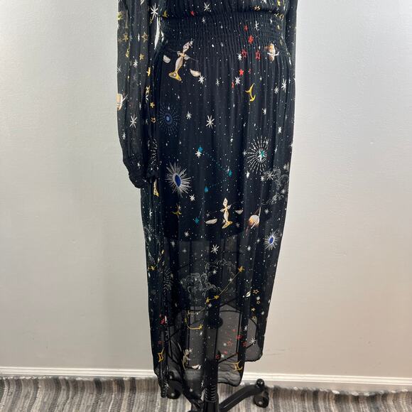ZARA Black Celestial Dress Galaxy Back Button Waist Smocked Jewel Neck Size XS - Picture 6 of 8